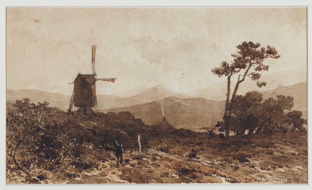 Paesaggio collinare con un mulino a sinistra da Johan Hendrik Weissenbruch
