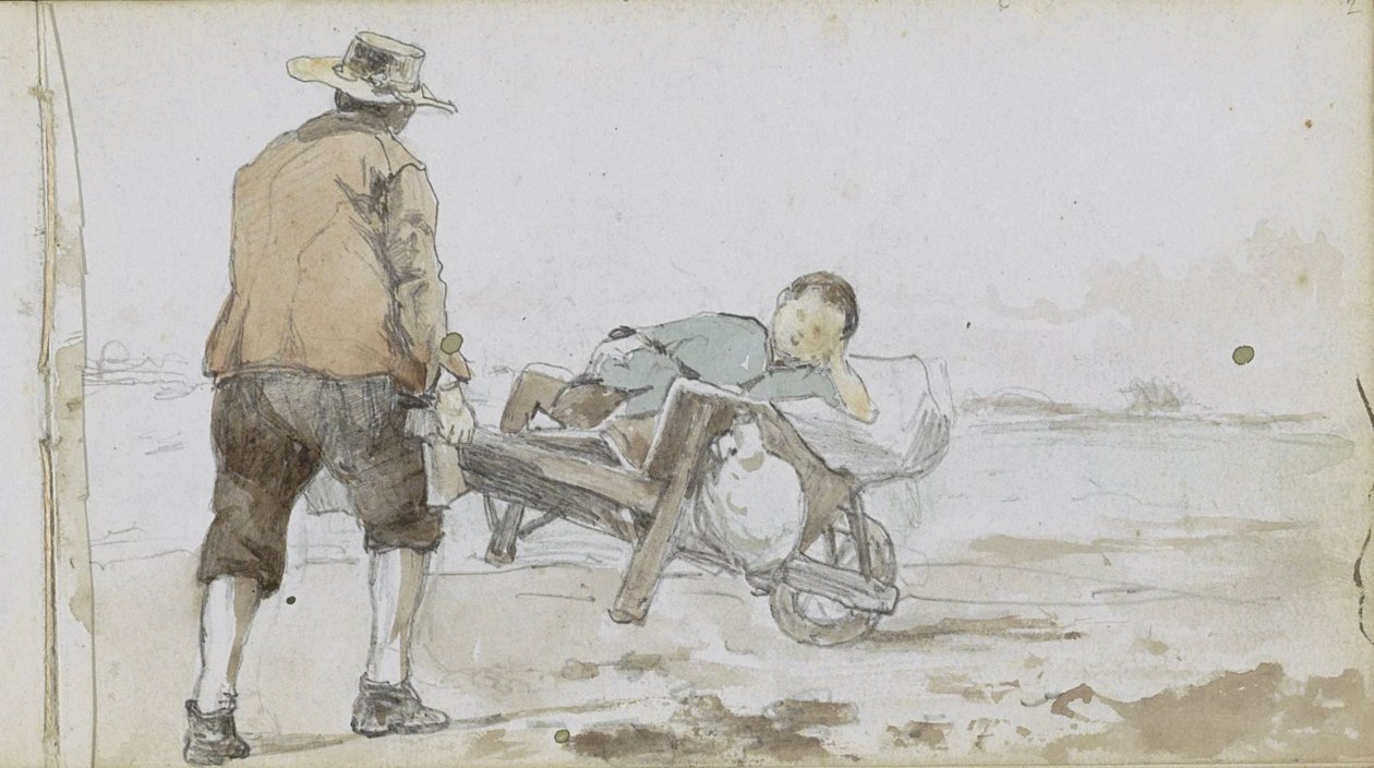 Paesaggio con uomo che spinge un ragazzo su un carretto da Johan Hendrik Weissenbruch