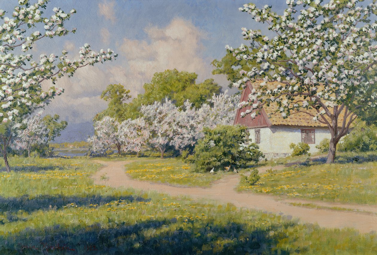 Paesaggio boschivo con un cottage in primavera da Johan Krouthén