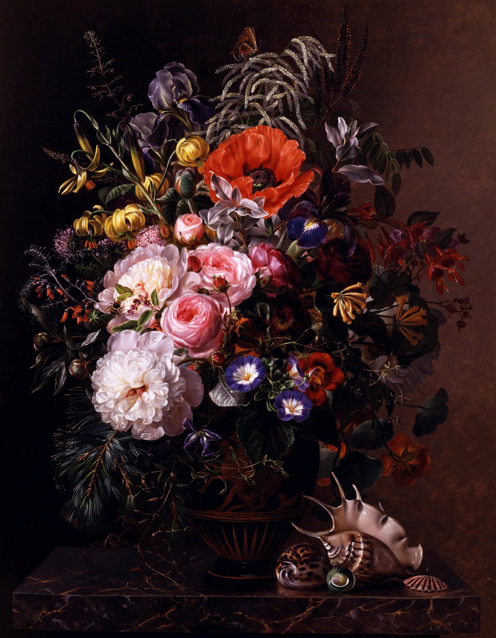 Papaveri, peonie, rose e nasturzi in un vaso greco. Dipinto di Johan Laurentz Jensen (1800-1856) Collezione privata. da Johan Laurents Jensen