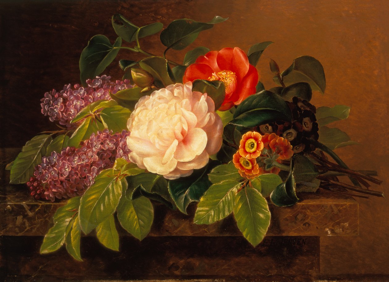 Peonie, lillà e primule su un ripiano di marmo da Johan Laurents Jensen