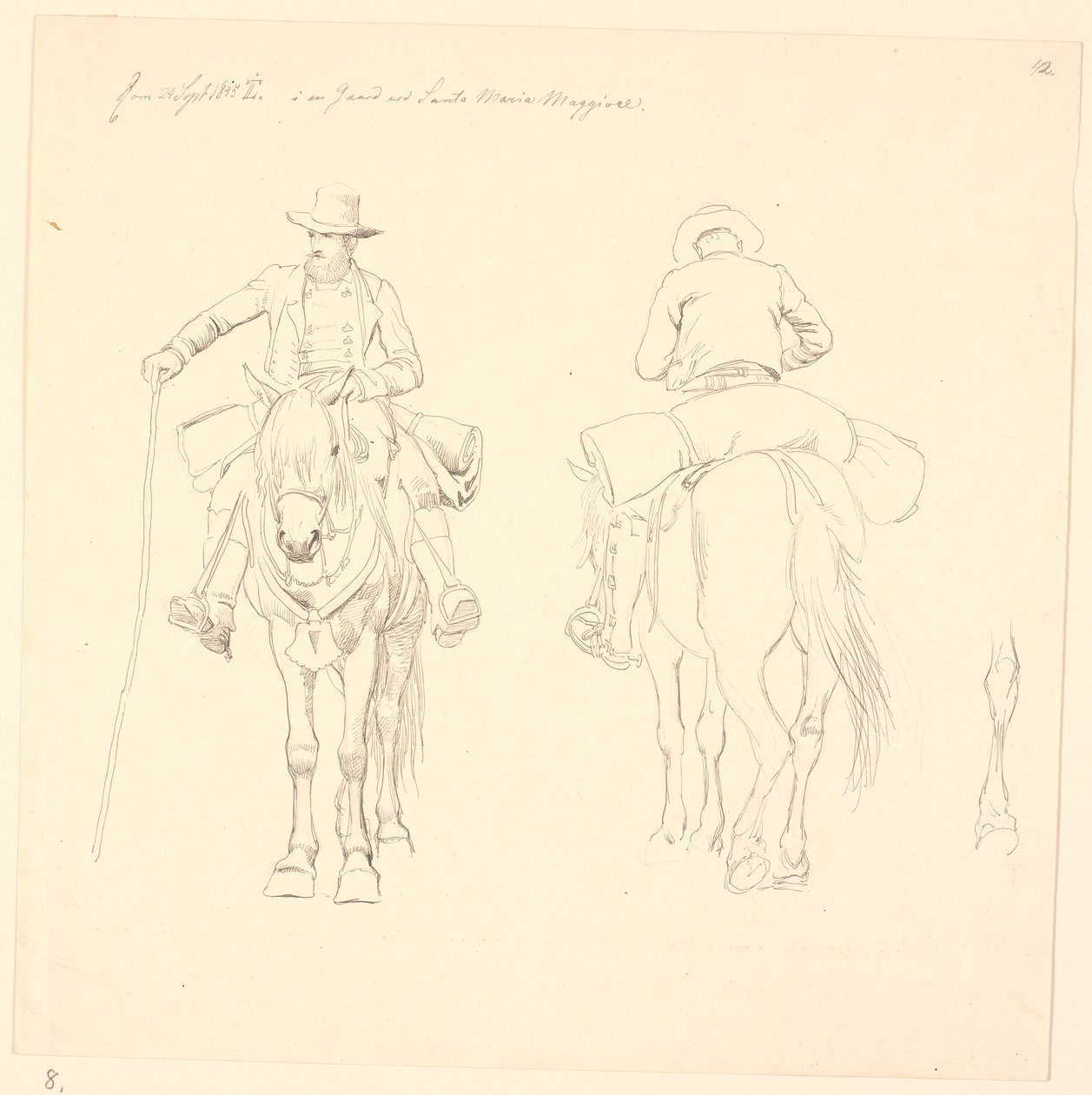 Campagnolo a cavallo, visto di fronte e di dietro, e studio delle zampe posteriori di un cavallo da Johan Thomas Lundbye