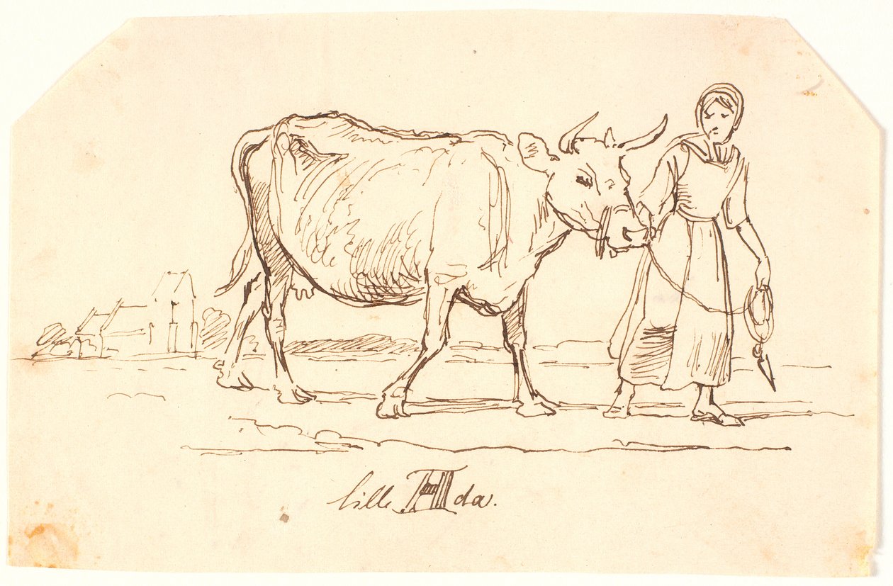 Una ragazza che tira una mucca in un paesaggio con una chiesa. "Piccola Ada" da Johan Thomas Lundbye