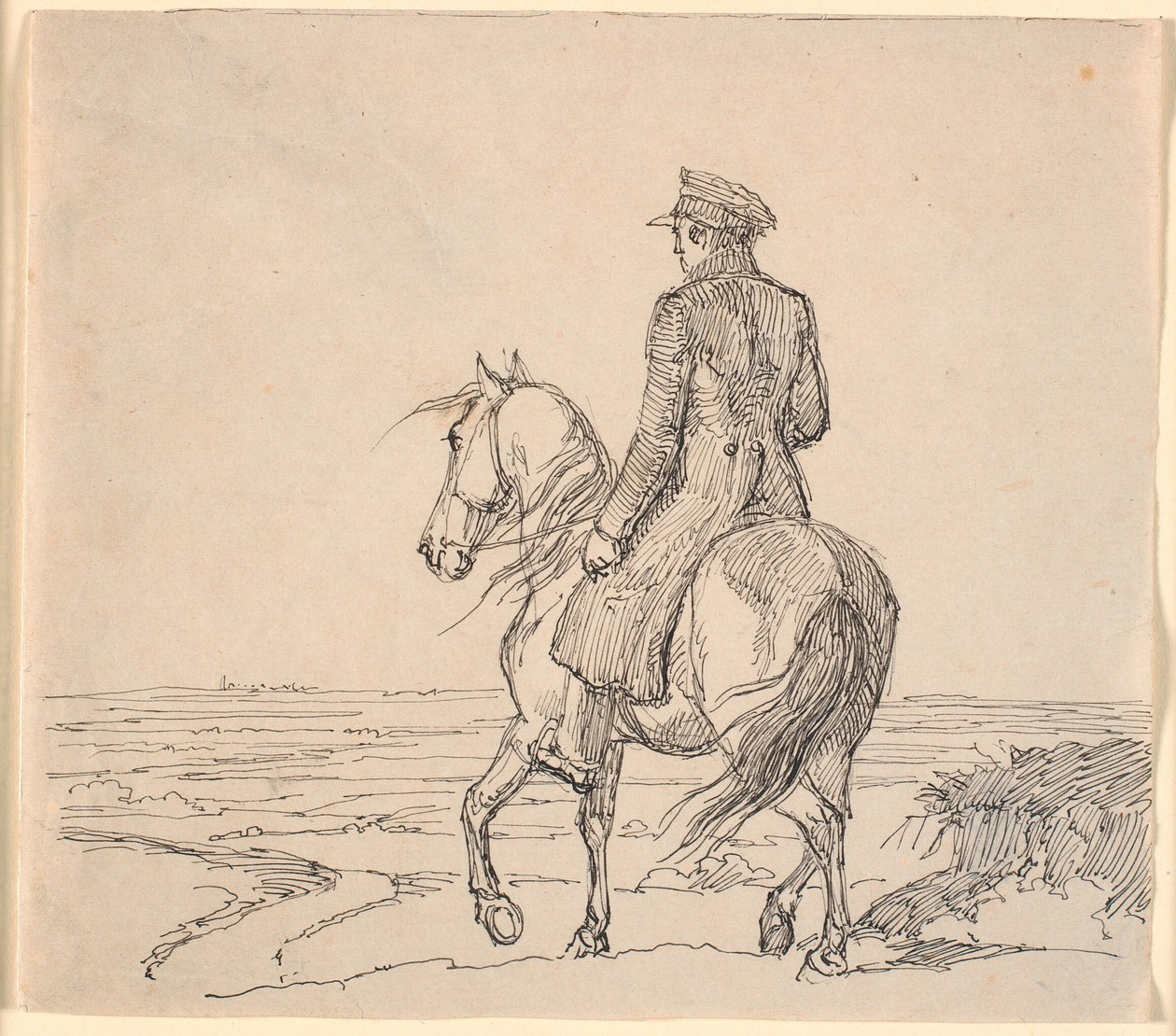 Un cavaliere visto di sbieco da dietro che cavalca verso un paesaggio vasto da Johan Thomas Lundbye