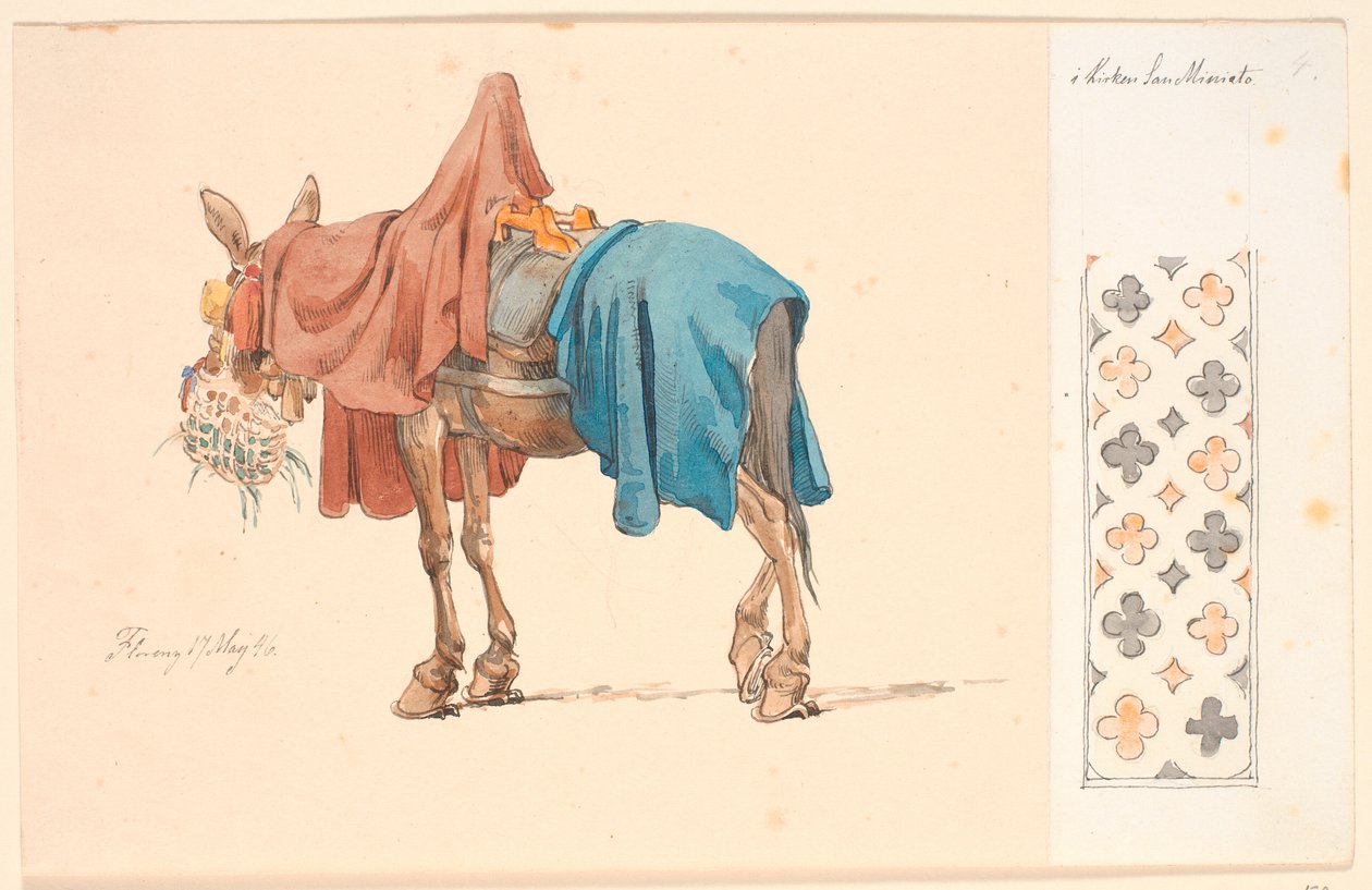 Un mulo che mangia il suo foraggio. A destra su carta incollata un bordo decorativo da Johan Thomas Lundbye