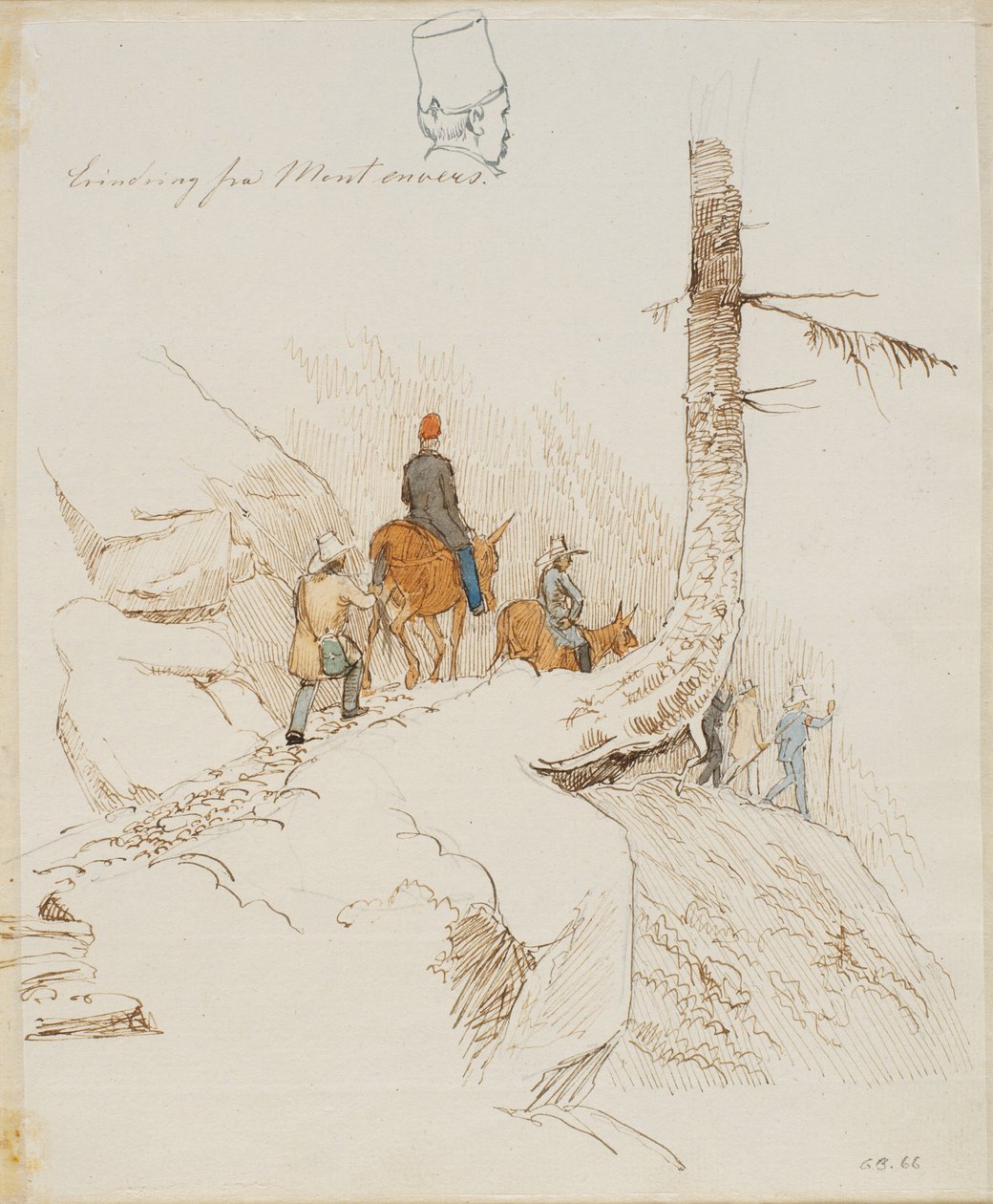 Viaggiatori a piedi e a cavallo su un sentiero di montagna sopra una piccola testa maschile vista da dietro da Johan Thomas Lundbye