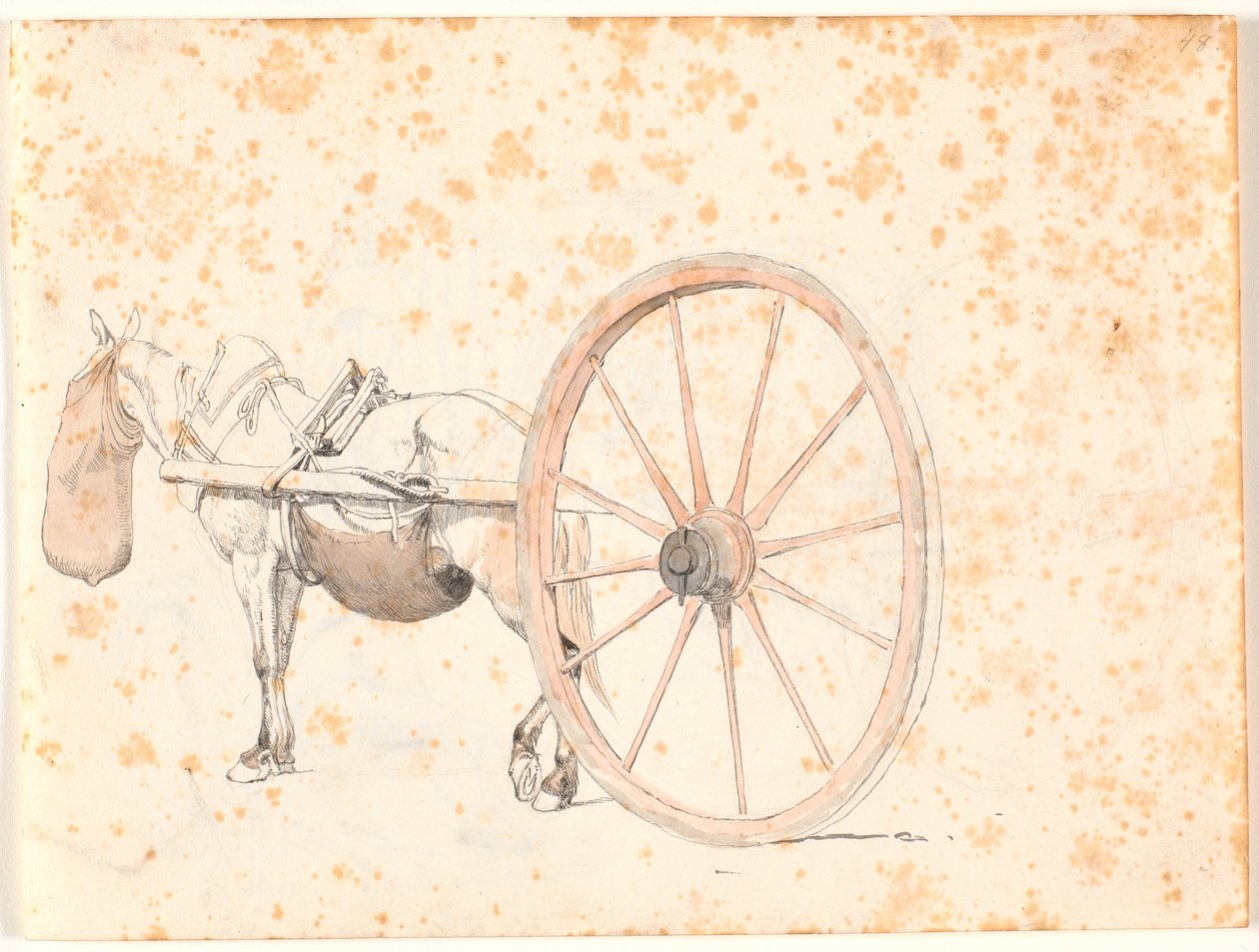 Studio dettagliato di un cavallo da carro con muso, del carro si vede solo il timone e una ruota molto grande da Johan Thomas Lundbye