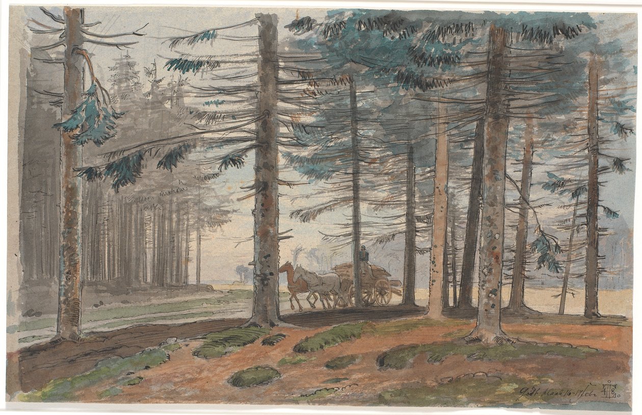 Foresta di abeti con strada, su cui viaggia un carro trainato da cavalli con un carico di legna. Sullo sfondo una radura nella foresta da Johan Thomas Lundbye