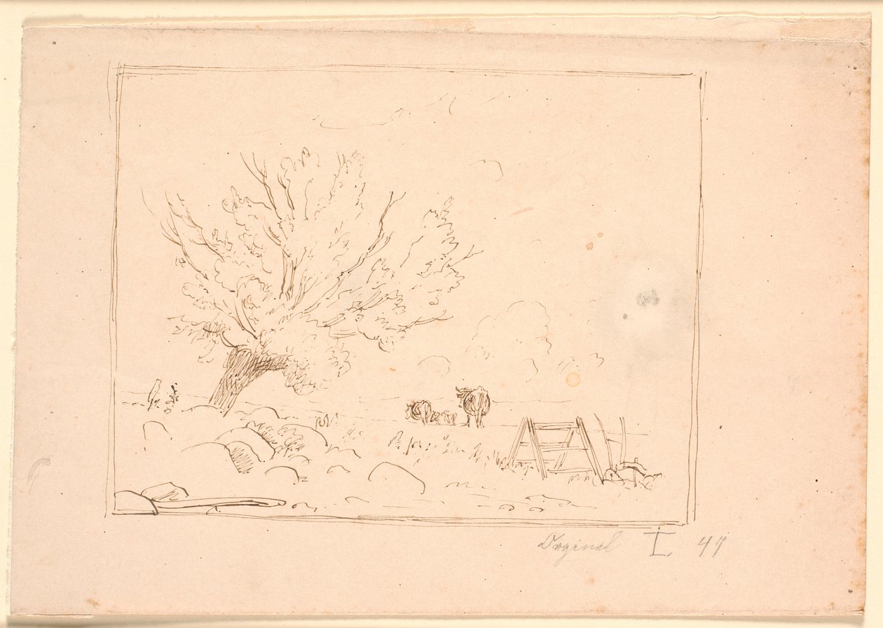 Paesaggio con un salice vicino a grandi pietre, un gallo, un aratro e tre mucche da Johan Thomas Lundbye