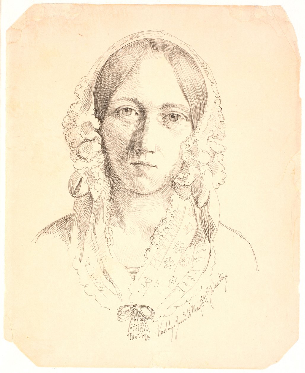 Ritratto di una giovane donna, di fronte. Possibilmente raffigurante Louise Marie Neergaard (1816-1895) da Johan Thomas Lundbye