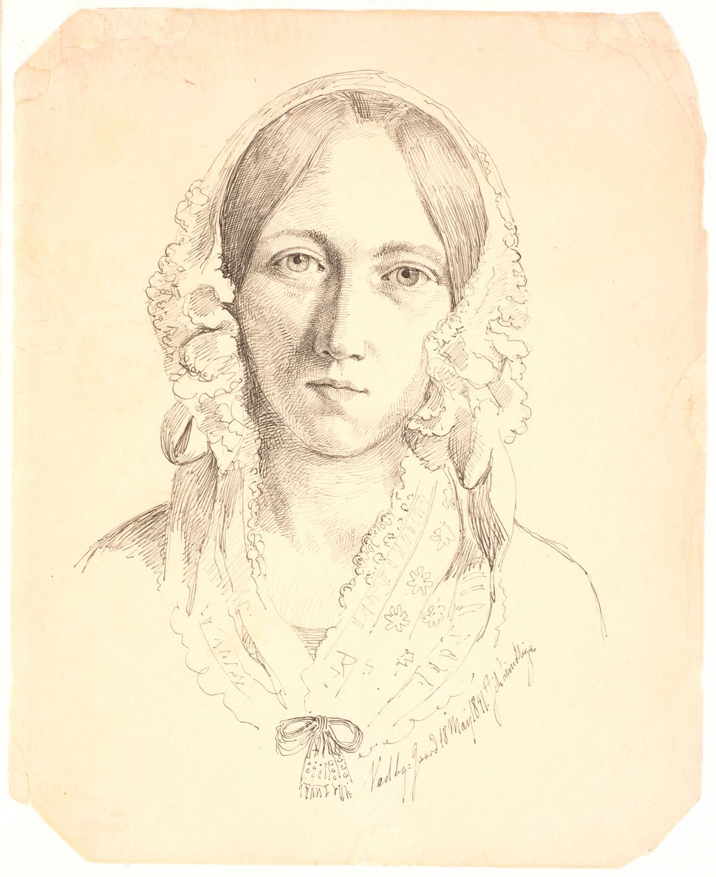 Ritratto di una giovane donna, di fronte. Possibilmente raffigurante Louise Marie Neergaard (1816-1895) da Johan Thomas Lundbye