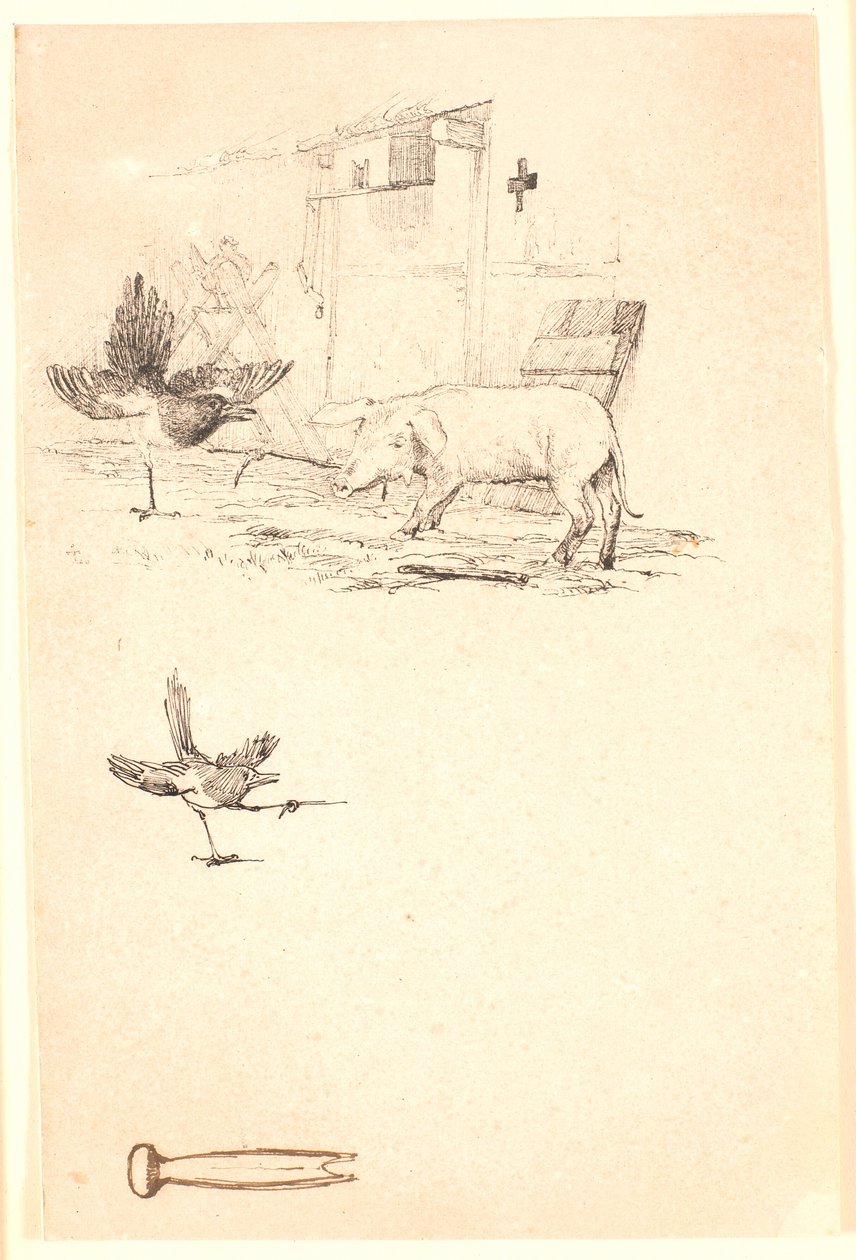 La cicogna e il maiale. Sotto, studio della gazza e un pezzo di attrezzo. Illustrazione per "Favole per bambini" di Kaalund. Vedi commento dal catalogo dell