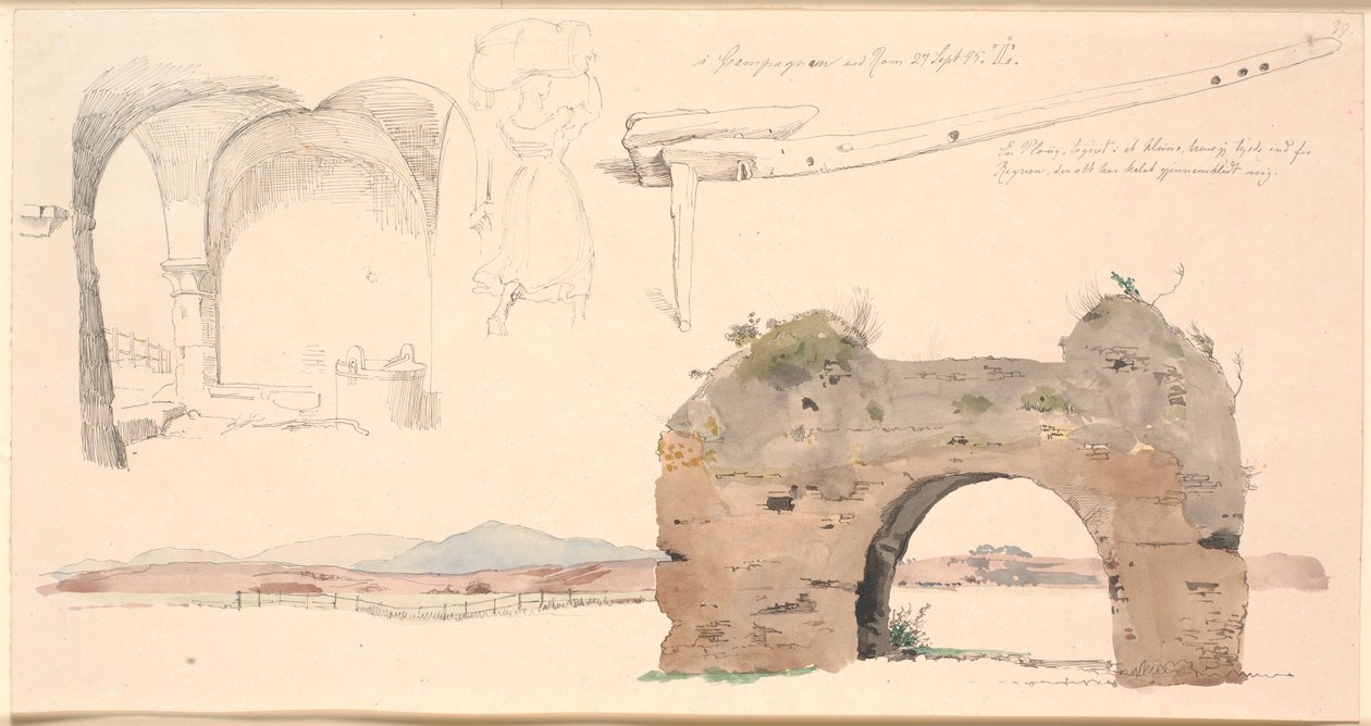 Foglio di studio dalla campagna romana, Italia. In basso studio ad acquerello di un arco di acquedotto romano con vista su basse montagne. A destra studio di uno spazio aperto con volte piatte, al centro una donna italiana che porta un grande fagotto sulla da Johan Thomas Lundbye