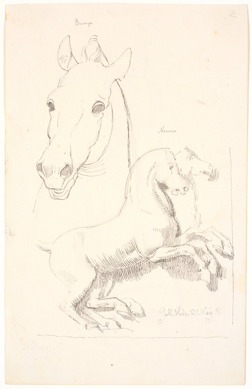 Studi di sculture antiche. In alto una testa di cavallo, in basso un rilievo con due cavalli da Johan Thomas Lundbye