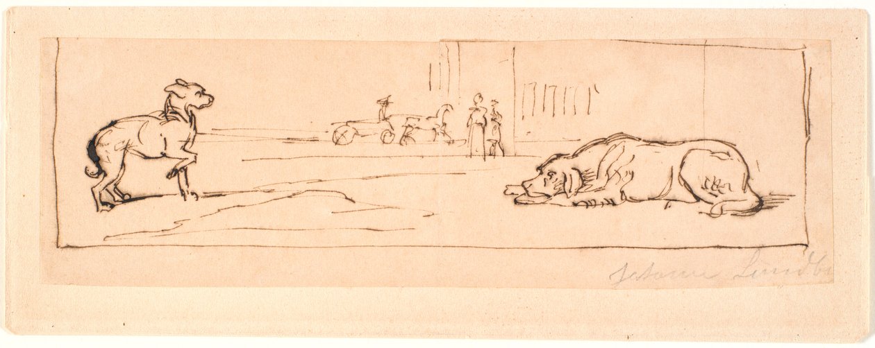 Due cani in una strada. Sullo sfondo una carrozza e due passanti da Johan Thomas Lundbye