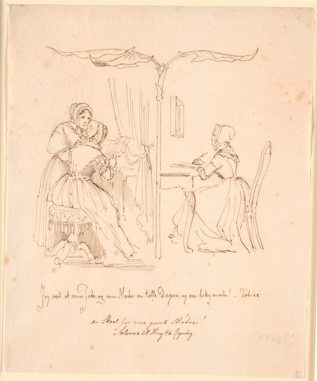 Rappresentazione divisa in due con a sinistra due donne che leggono lettere, a destra una donna che scrive una lettera da Johan Thomas Lundbye