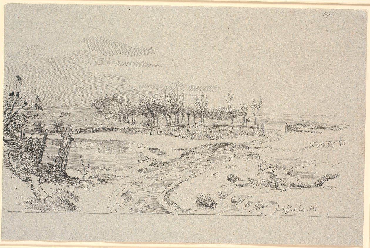 Paesaggio invernale con una strada che si snoda attraverso i campi e un cancello in un muro di pietra da Johan Thomas Lundbye