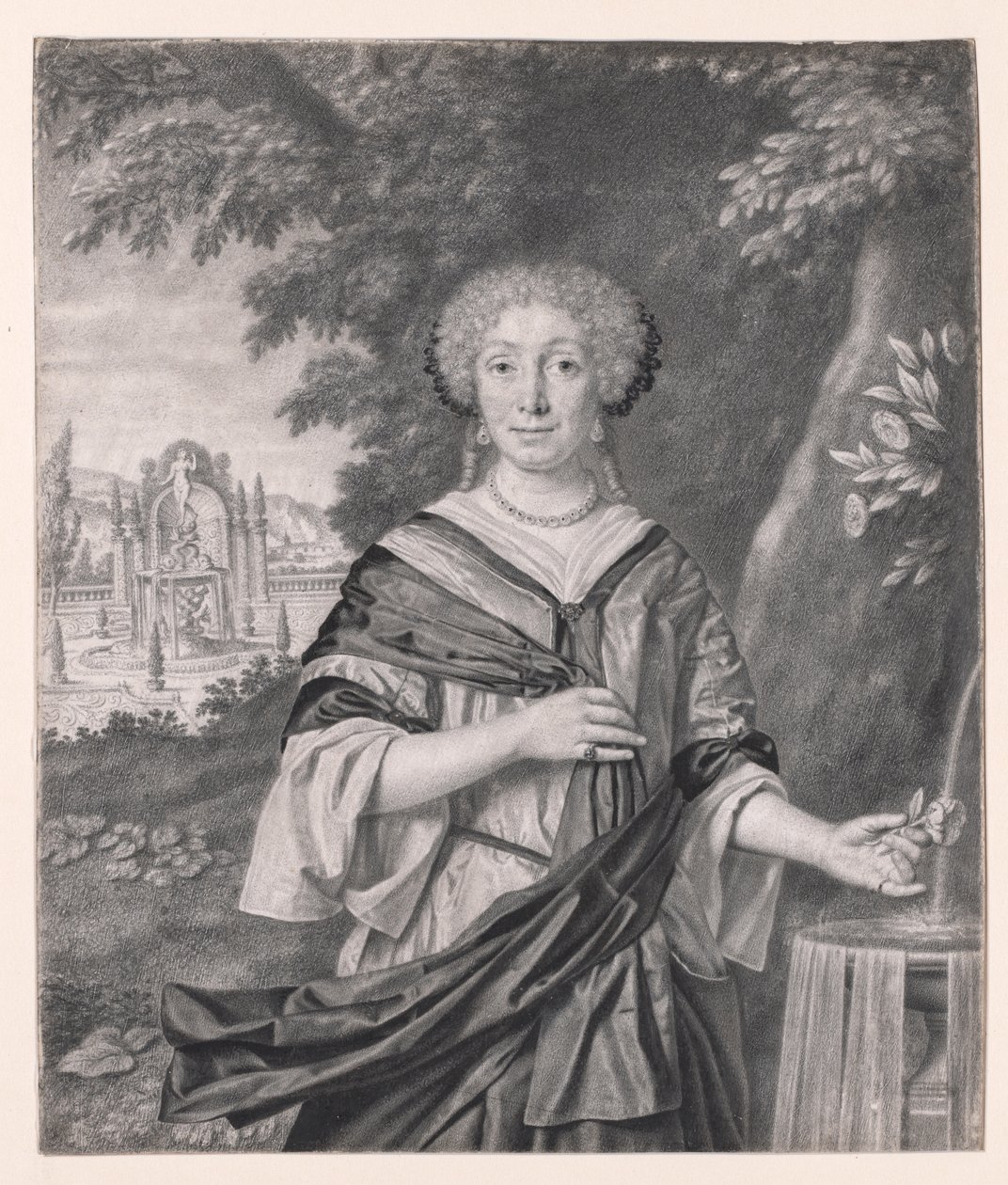 Ritratto di una donna vicino a una fontana, con una rosa in mano da Johan Thopas