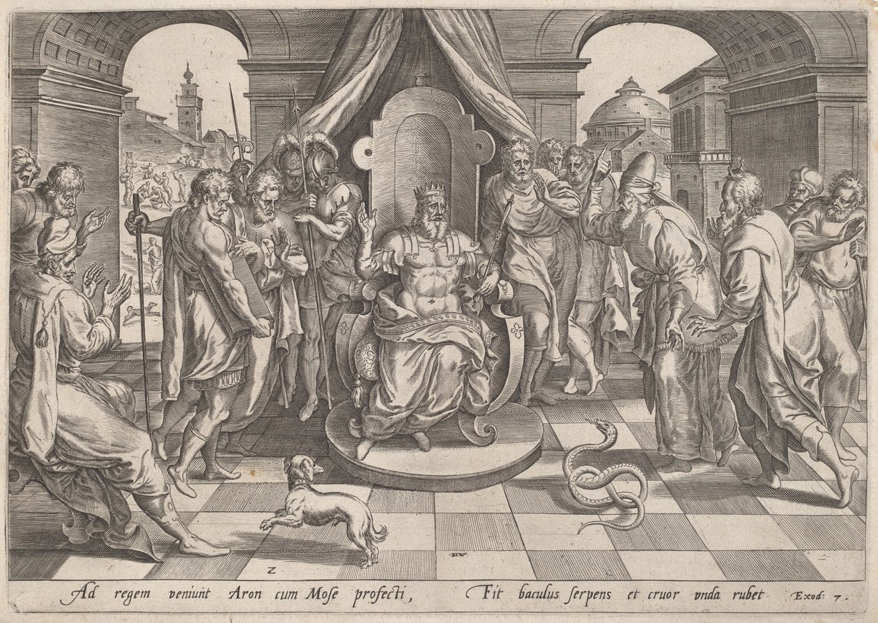 Mosè e Aronne davanti al Faraone da Johan Wierix, after Maarten van Cleef