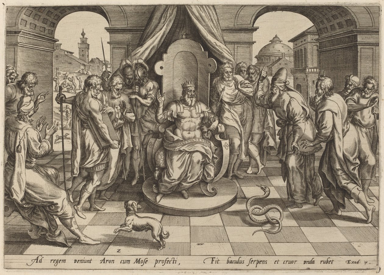 Mosè e Aronne davanti al Faraone da Johan Wierix, after Maarten van Cleef