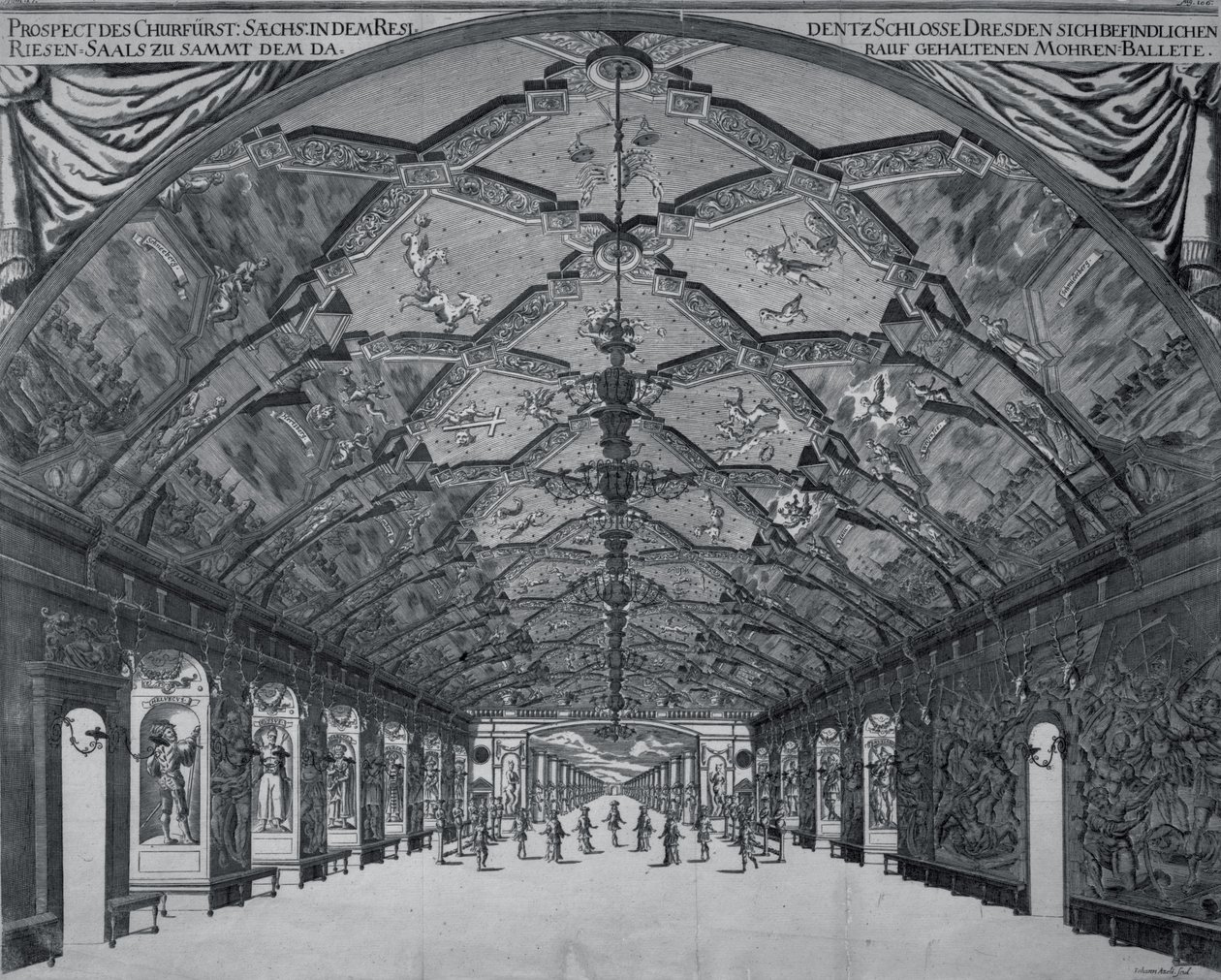 La sala dei giganti con il balletto moresco a Dresda nel 1678 da Johann Atzelt