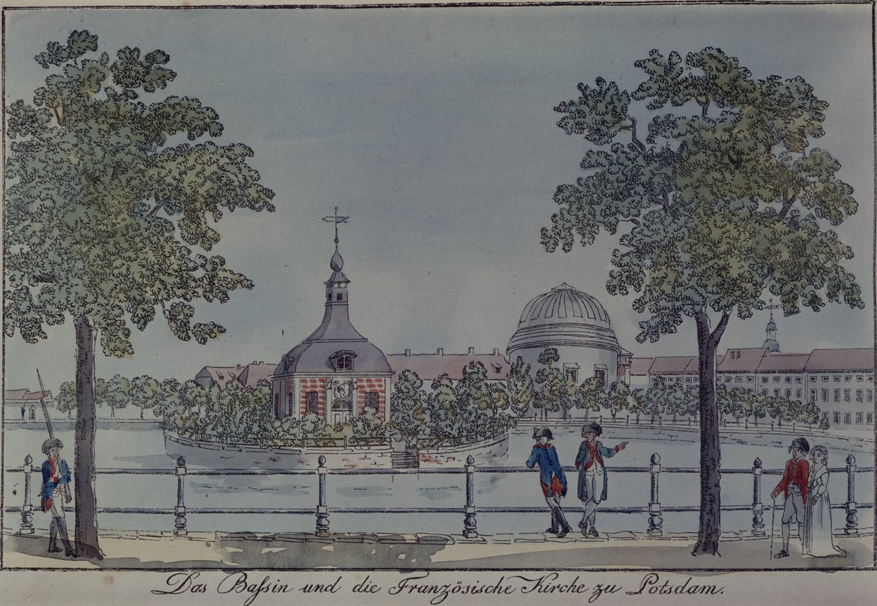La piscina e la chiesa francese a Potsdam, c.1796 da Johann Friedrich Nagel