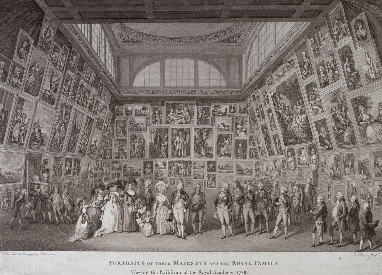 Veduta interna di Somerset House con Re Giorgio III, Regina Carlotta e la famiglia reale che visitano una mostra della Royal Academy of Arts nel 1788 da Johann Heinrich Ramberg