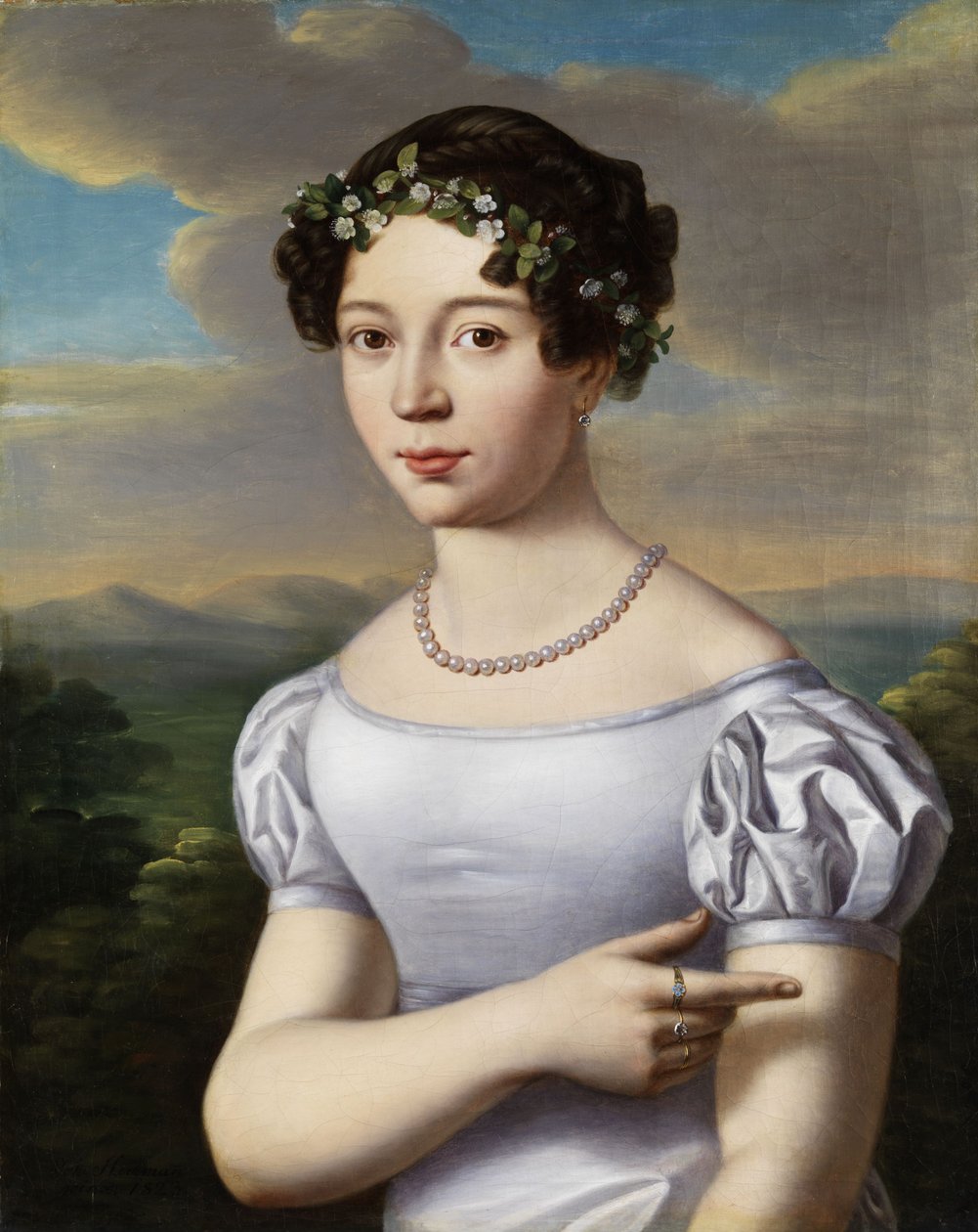 Ritratto di una giovane ragazza con corona di mirto e collana di perle da Johann Herrmann