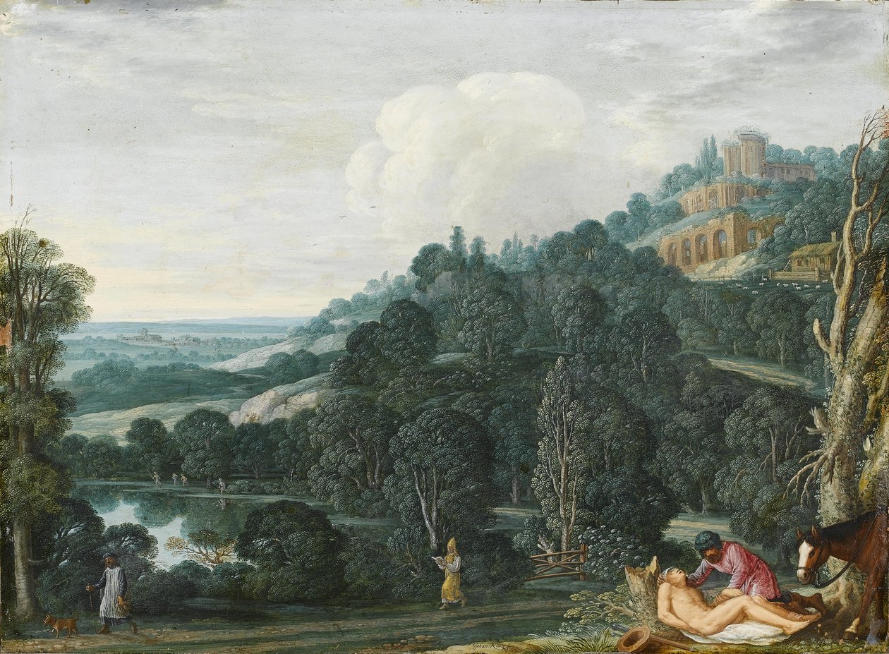 Un ampio paesaggio con il Buon Samaritano da Johann or Hans Konig