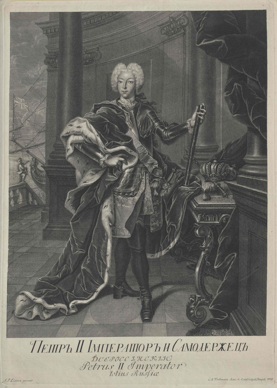 Ritratto di Pietro II, inciso da Christian Albrecht Wortmann, 1729 da Johann Paul Luedden