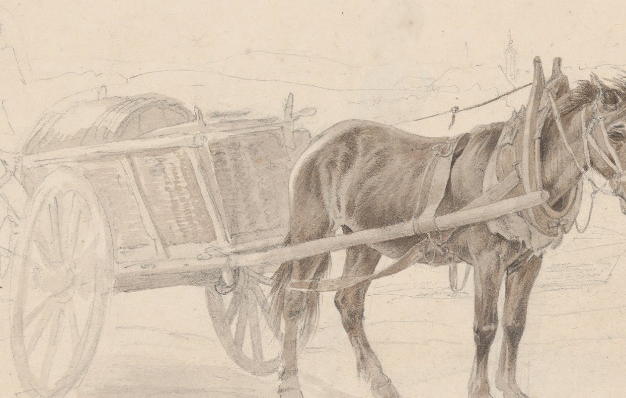 Carro trainato da un cavallo marrone vicino a un lampione, Verso: Un gruppo di ufficiali a cavallo, ca. 1815 da Johann Adam Klein