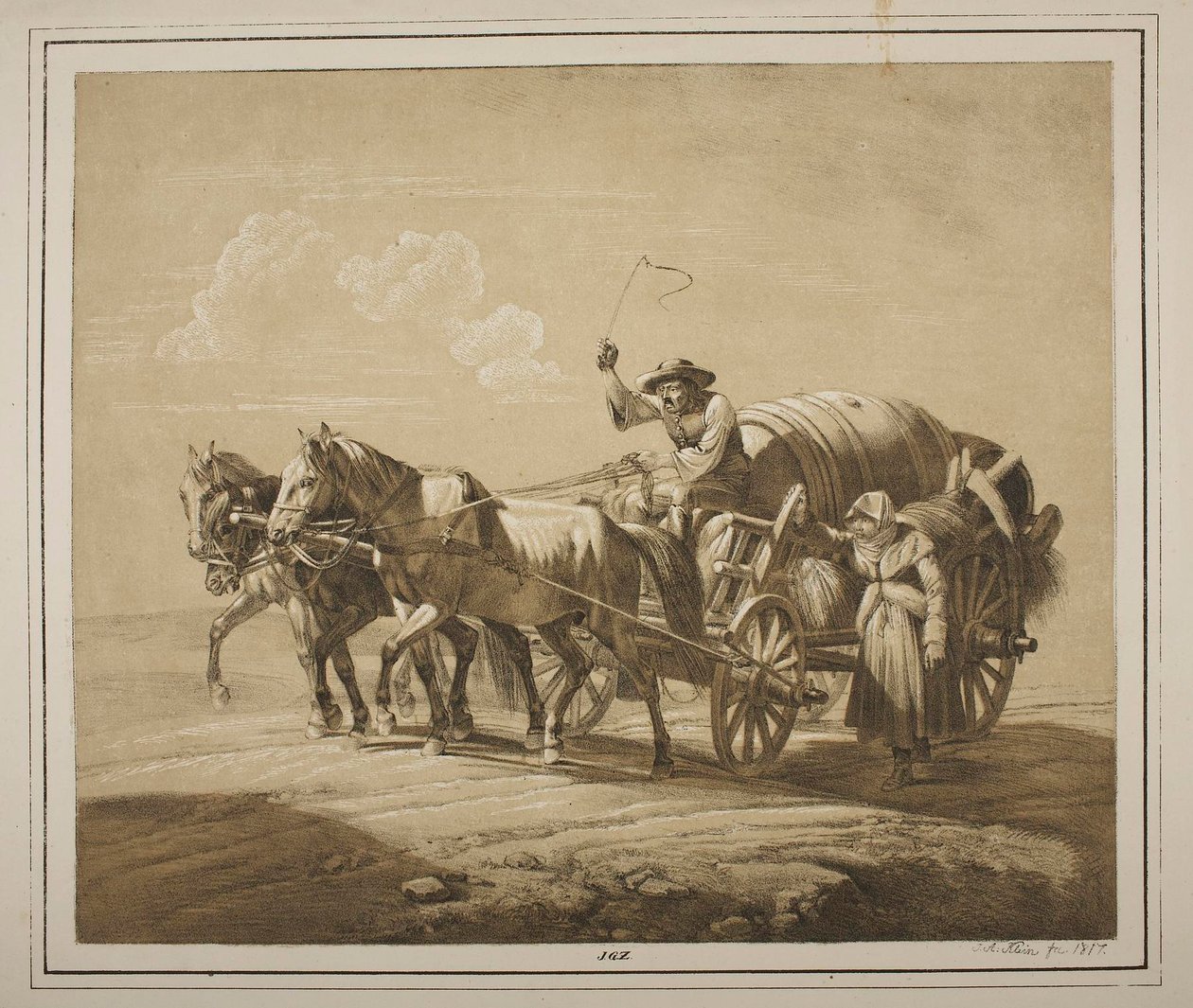 Contadino ungherese guida un carro con botti da Johann Adam Klein