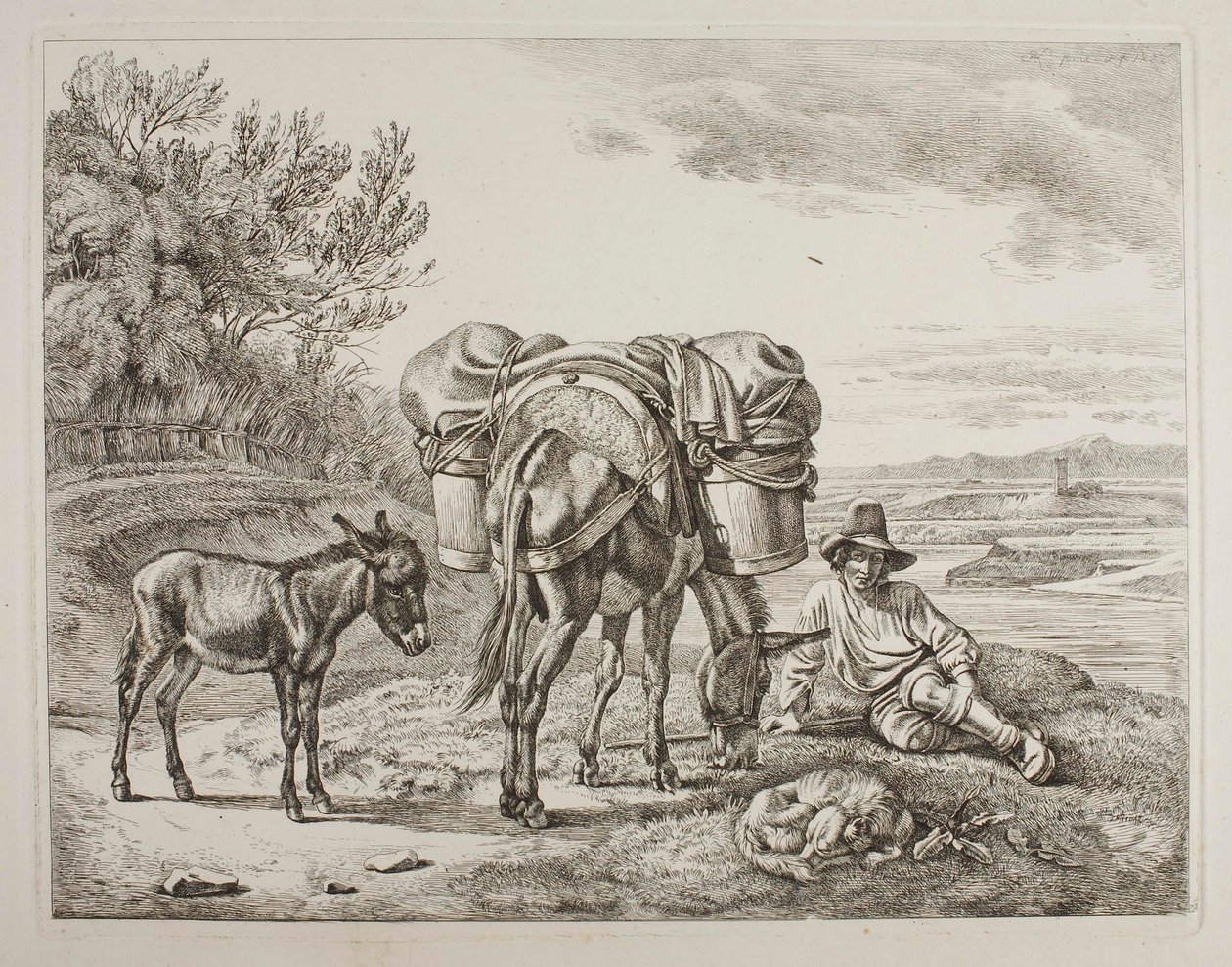 Mulo carico con il conducente a riposo da Johann Adam Klein