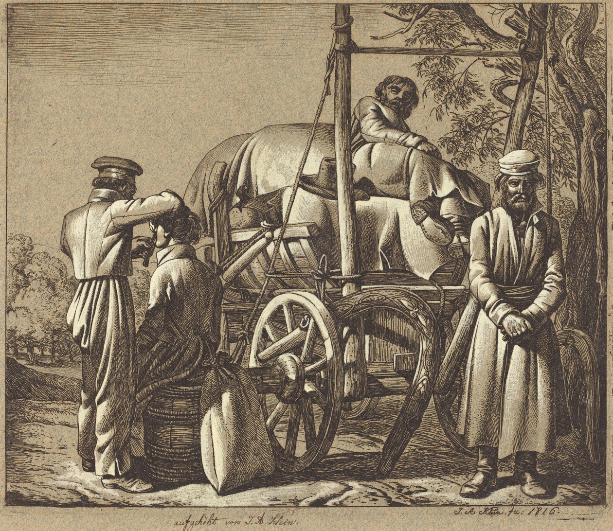 Soldati russi con un barbiere da Johann Adam Klein