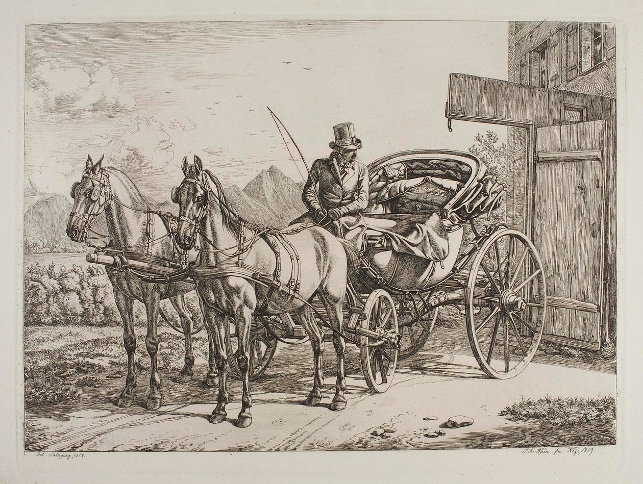 Due cavalli aggiogati a una carrozza di classe superiore da Johann Adam Klein