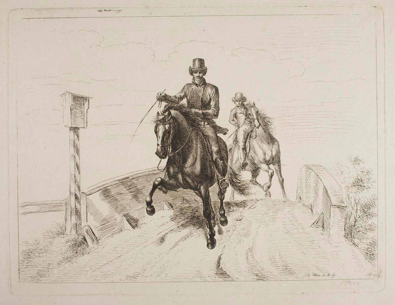 Due cavalieri al galoppo su un ponte da Johann Adam Klein