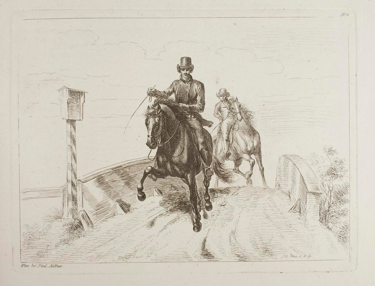 Due cavalieri al galoppo su un ponte da Johann Adam Klein