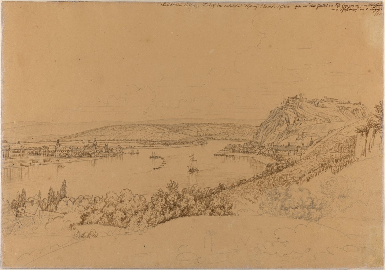 Veduta di Coblenza con il Reno e la fortezza di Ehrenbreitstein (recto); veduta del castello di Heidelberg (verso) da Johann Adam Klein