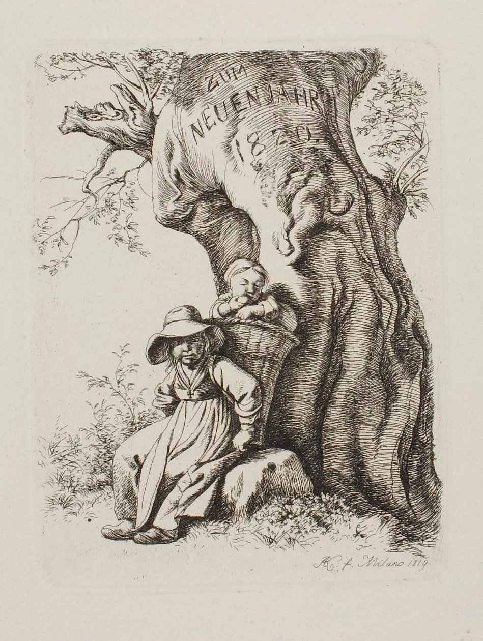 Per il nuovo anno 1820. Moglie di un contadino con un bambino da Johann Adam Klein