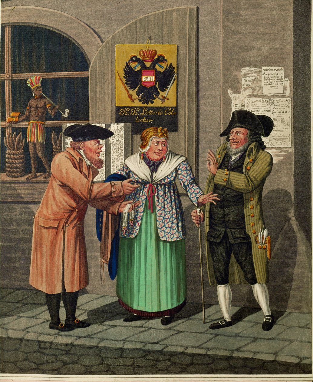 Tre ebrei viennesi davanti a un ufficio delle lotterie statali e a una tabaccheria ... da Johann Adolph Opitz