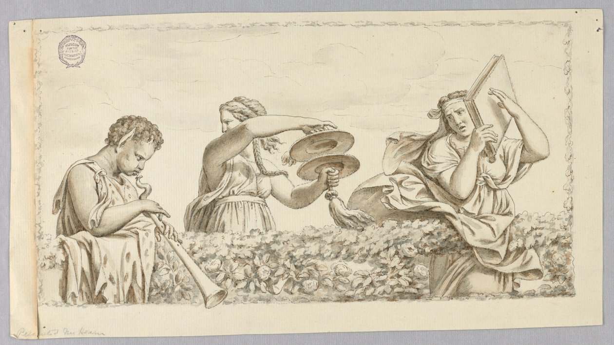 Un ragazzo satiro che suona il flauto, una ragazza con i cembali, una donna con un libro da Johann August Nahl the Younger