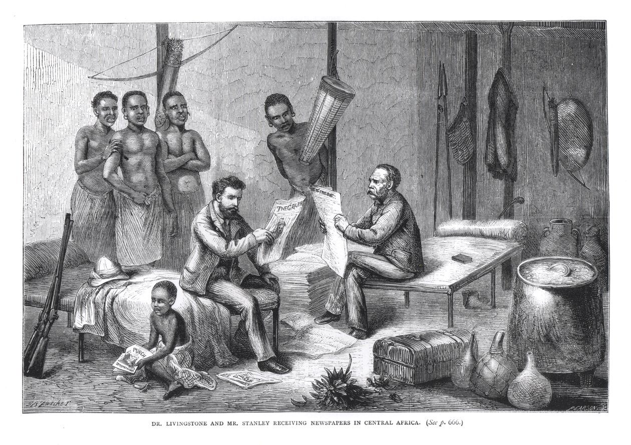 Dr. David Livingstone (1813-73) e Mr. Henry Morton Stanley (1841-1904) ricevono giornali in Africa centrale, inciso da Pearson da Johann Baptist Zweecker