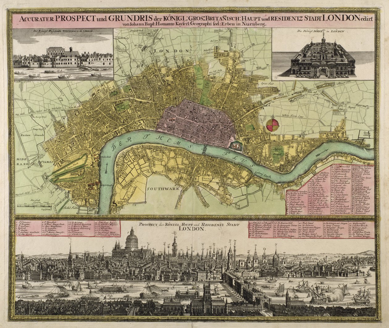 Mappa e prospetto di Londra, c.1710 da Johann Baptista Homann