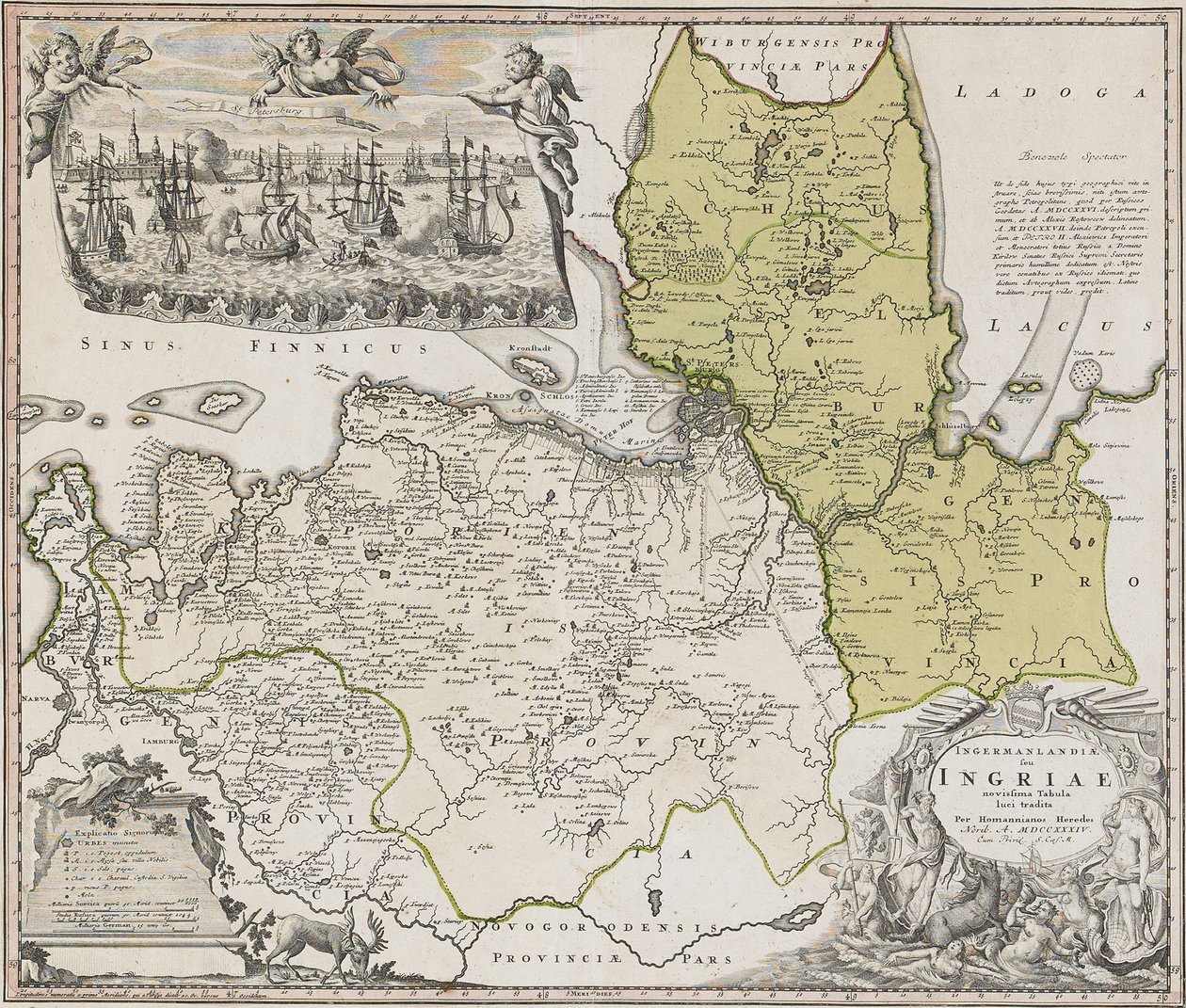 Mappa di Ingria con vista di San Pietroburgo da Johann Baptista Homann