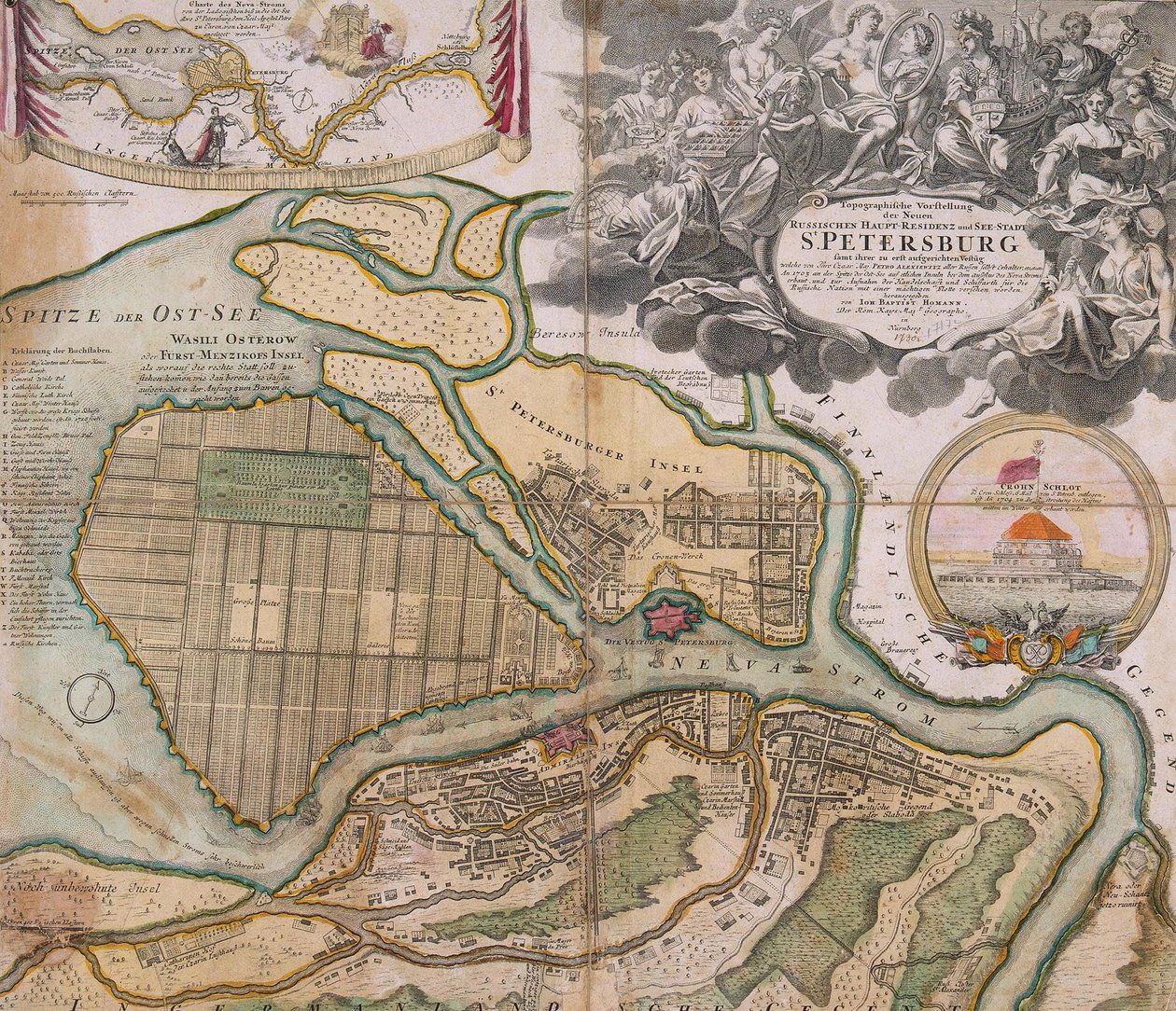 Mappa di Pietroburgo, piano regolatore di San Pietroburgo, ca. 1718-1719 da Johann Baptista Homann