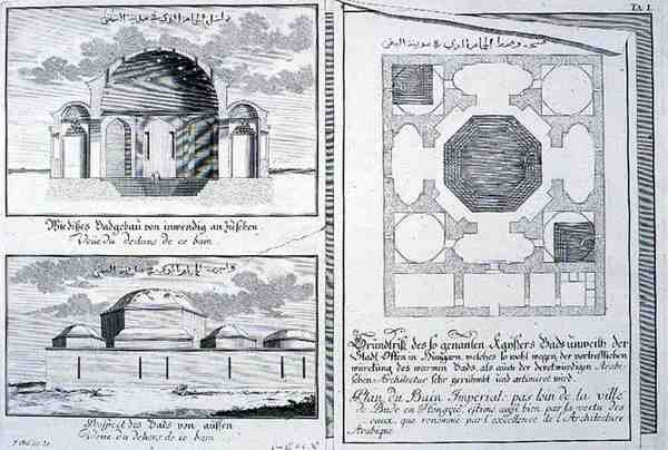 Piano, Elevazione e Sezione Trasversale delle Terme Imperiali, Budapest, Ungheria, da 