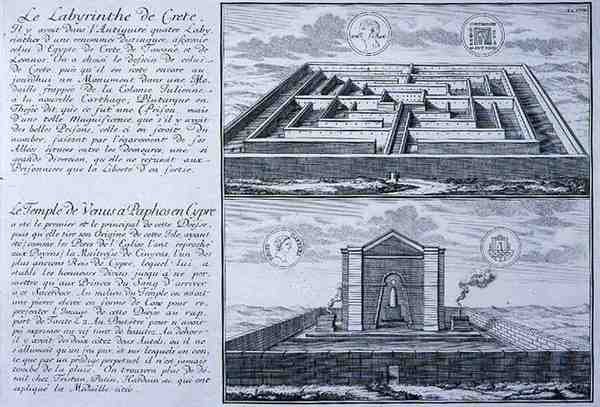 Il Labirinto di Creta e il Tempio di Venere, Paphos, Cipro, entrambi presi da disegni trovati su antiche monete romane da 
