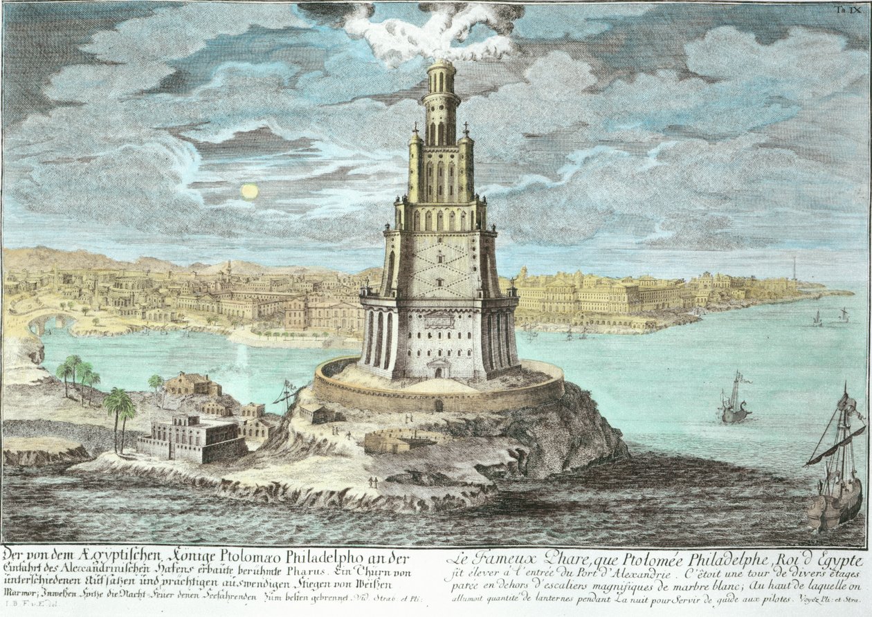Faro di Alessandria, costruito da Tolomeo il Grande, Egitto, da Entwurf einer historischen Architektur, inciso da Johann Adam Delsenbach da Johann Bernhard Fischer von Erlach