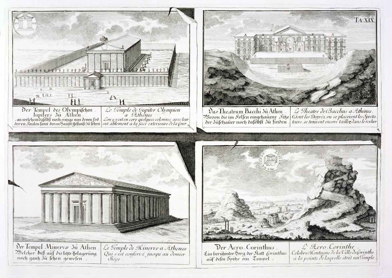 Vedute di quattro Edifici Classici: Il Tempio di Zeus Olimpio, il Teatro di Dioniso ad Atene, il Tempio di Atena ad Atene e un Tempio a Corinto, da Entwurf einer historischen Architektur da Johann Bernhard Fischer von Erlach