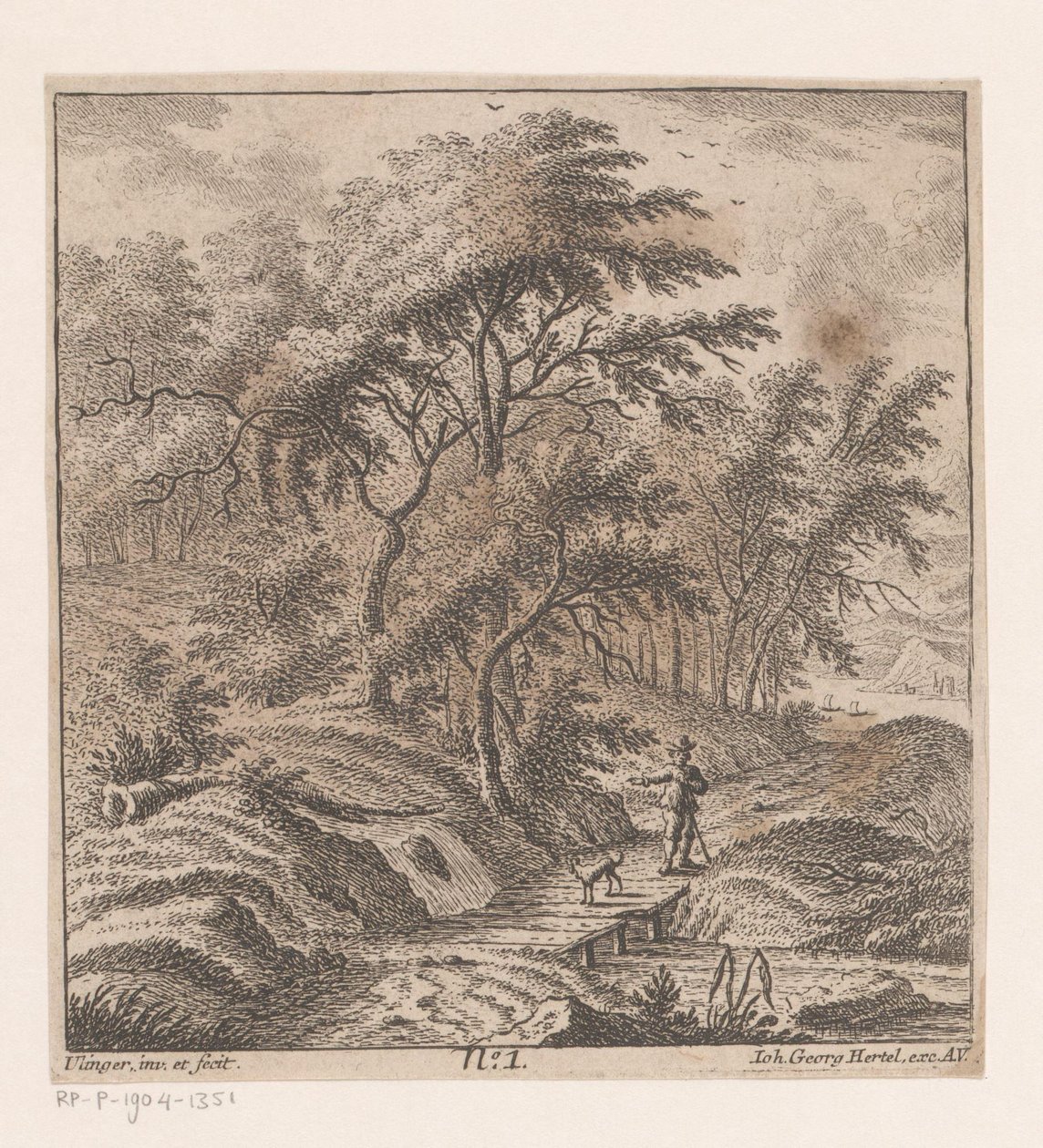 Uomo con un cane che cammina lungo il bordo di un bosco da Johann Caspar Ulinger